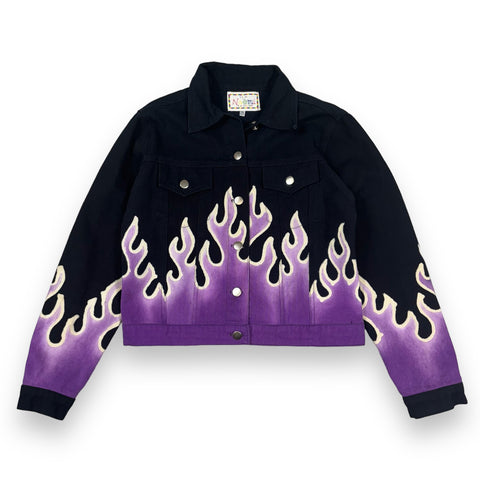 Purple Ombre Flames Black Denim Jacket - Women’s S