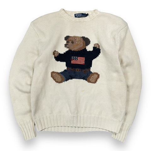 Vintage 90s Polo Bear Cream Hand Knit Sweater - M