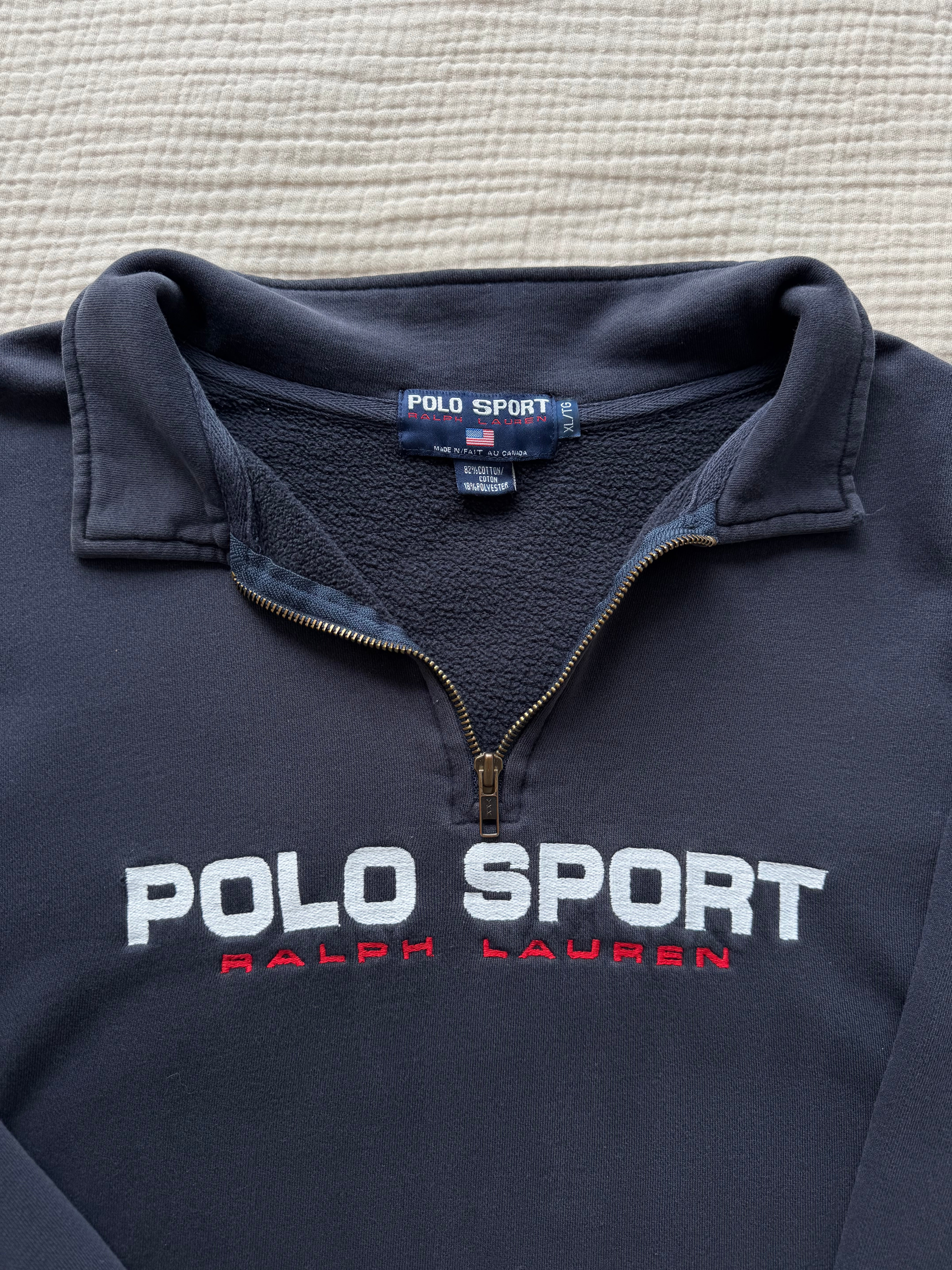 トップス 90s Polo Sport hailzip sweat Vintage 1990s Polo Sport Navy 1/4 Zip Up Sweater - XL – OMNES